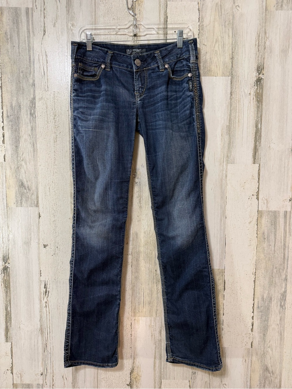 Silver Jeans McKenzie Studded Pockets Skinny Contrast Stitching Dark Blue Denim
